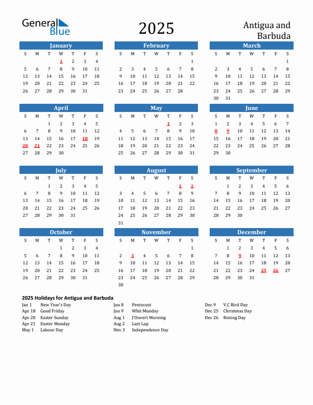 Antigua and Barbuda 2025 Calendar with Holidays