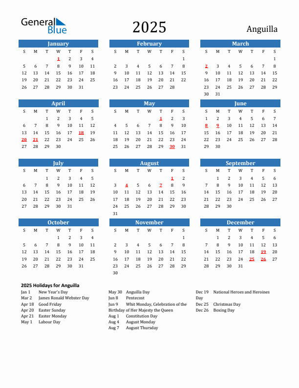 Anguilla 2025 Calendar with Holidays