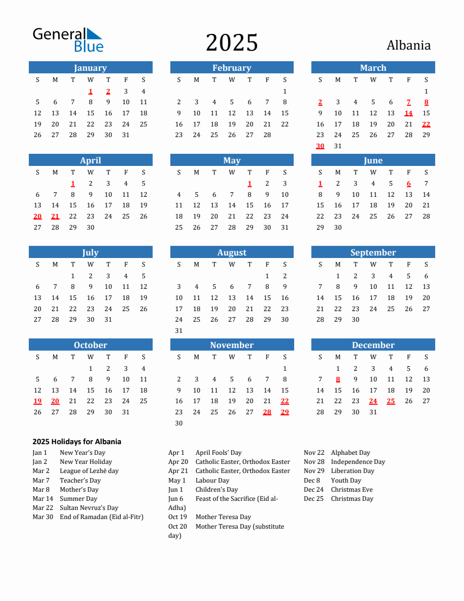 Albania 2025 Calendar with Holidays