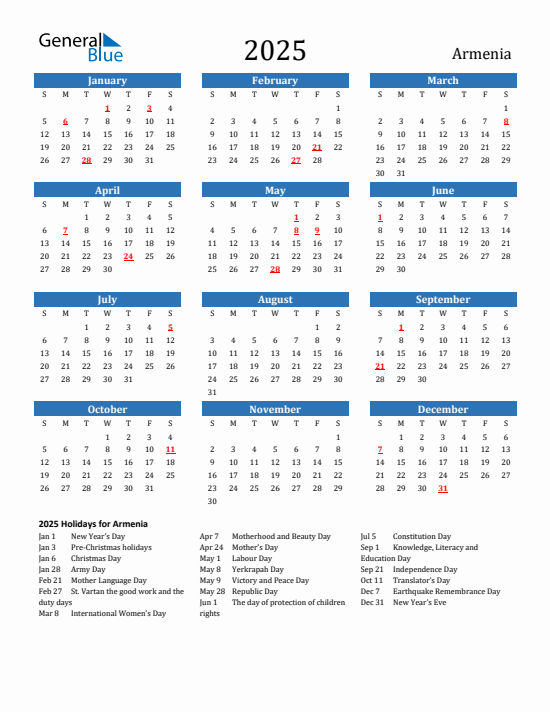 2025 Armenia Calendar with Holidays