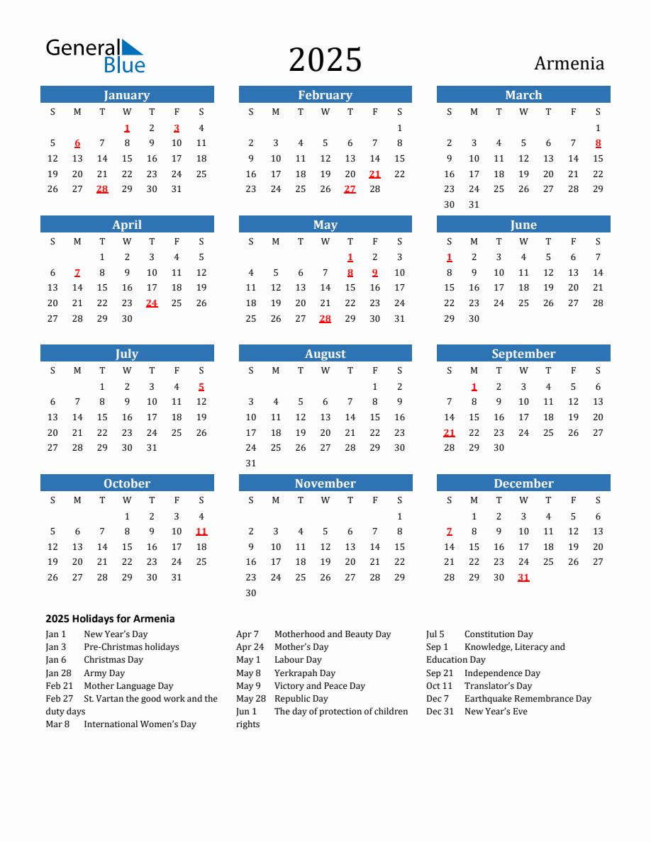 Armenia 2025 Calendar with Holidays