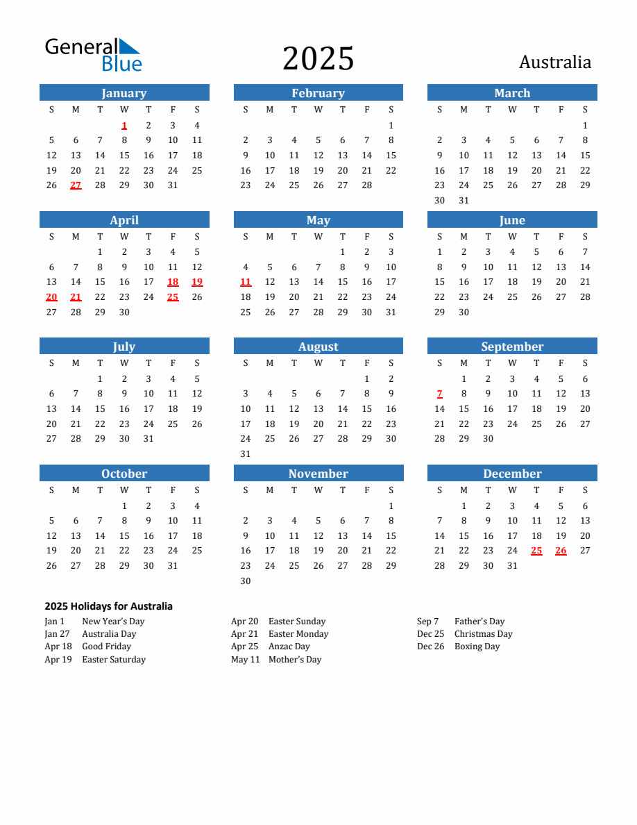 Australia 2025 Calendar With Holidays