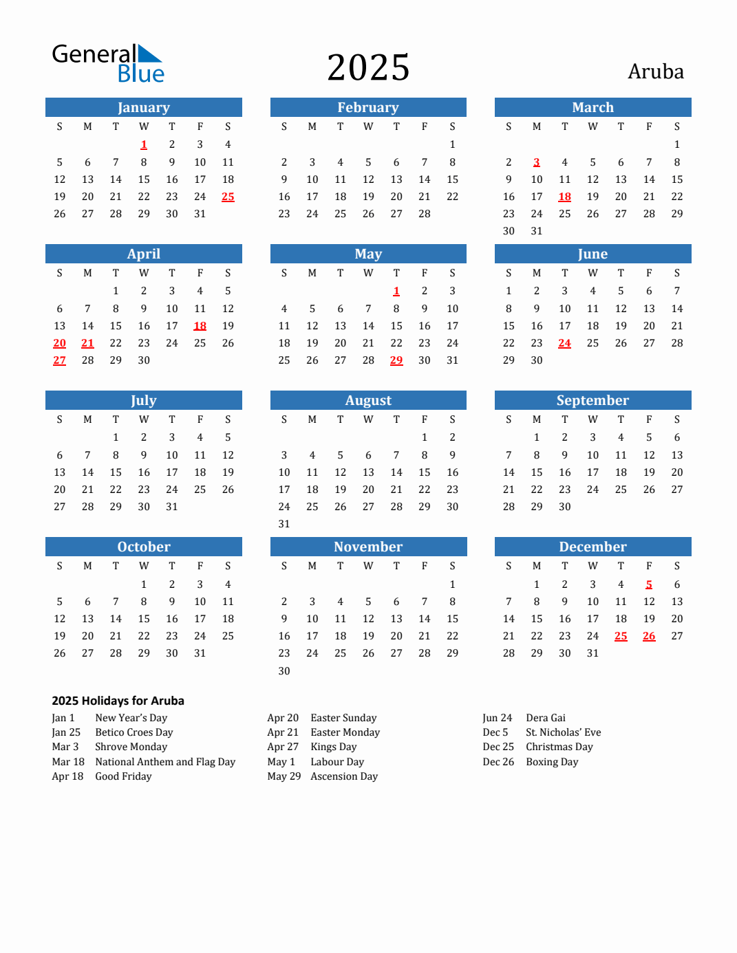 2025 Aruba Calendar with Holidays