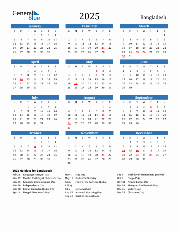 Bangladesh 2025 Calendar with Holidays