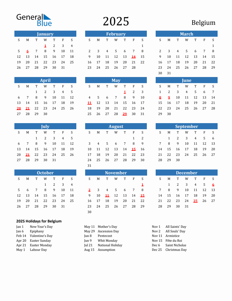 Belgium 2025 Calendar with Holidays