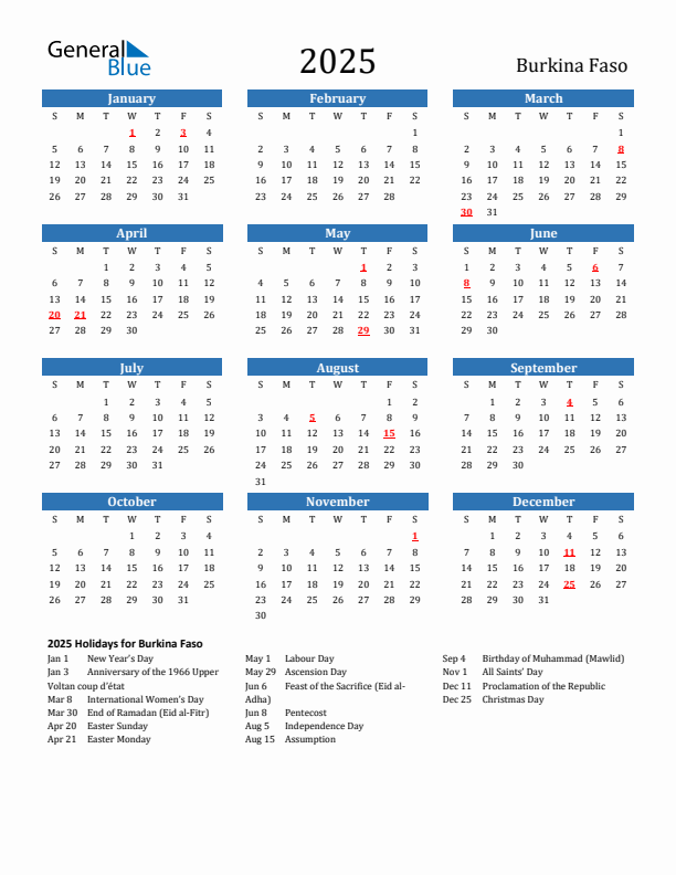 Burkina Faso 2025 Calendar with Holidays