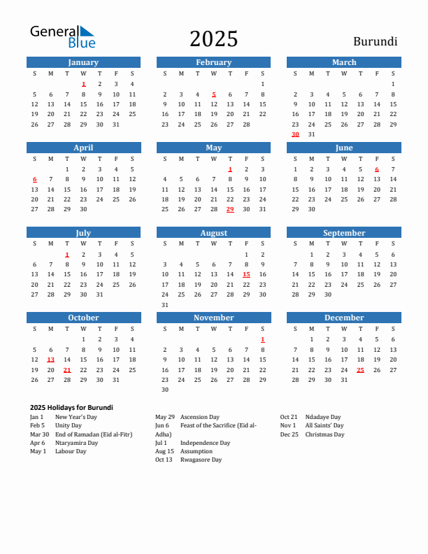 Burundi 2025 Calendar with Holidays