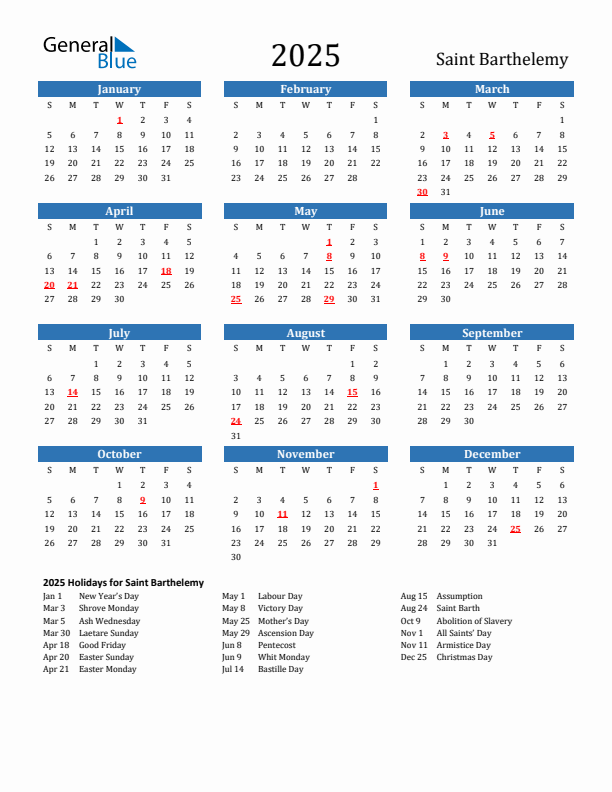 Saint Barthelemy 2025 Calendar with Holidays