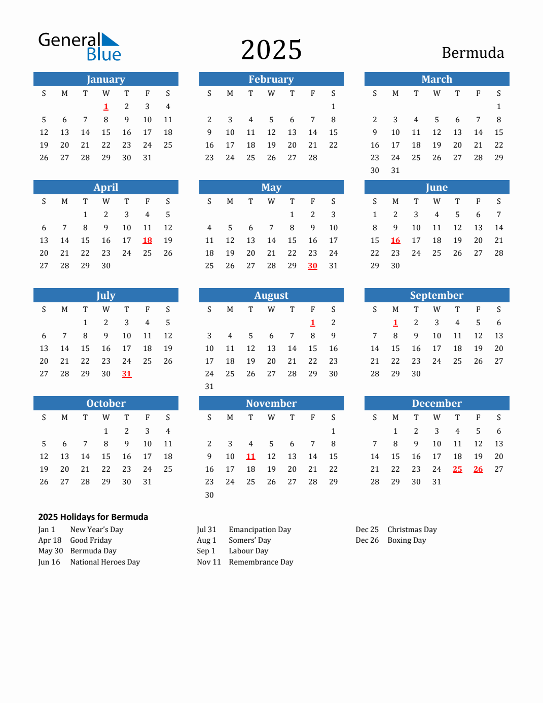 2025 Bermuda Calendar with Holidays