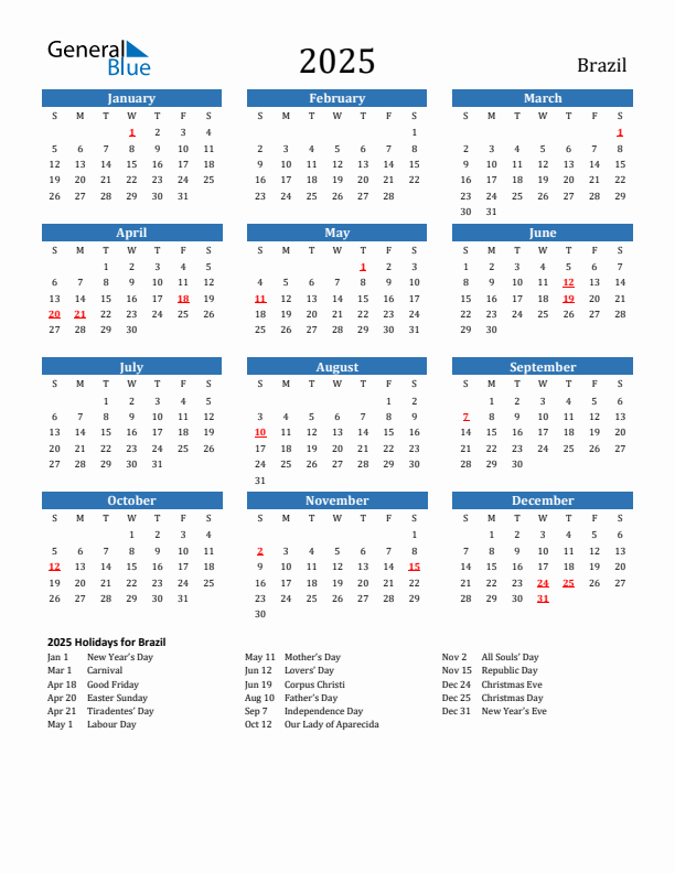 Brazil 2025 Calendar with Holidays
