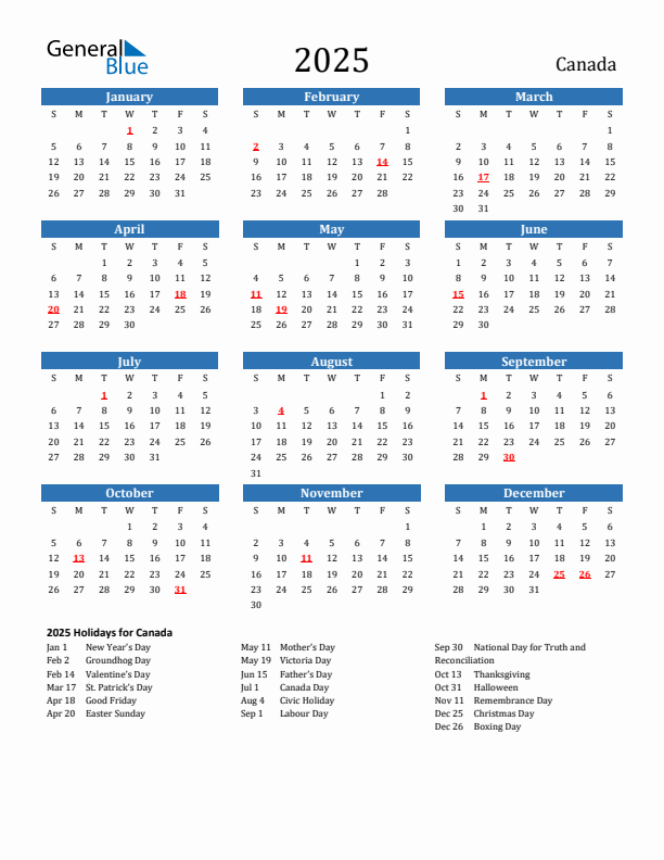 Canada 2025 Calendar with Holidays