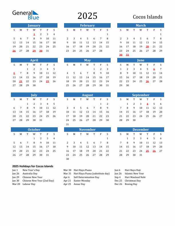 Cocos Islands 2025 Calendar with Holidays
