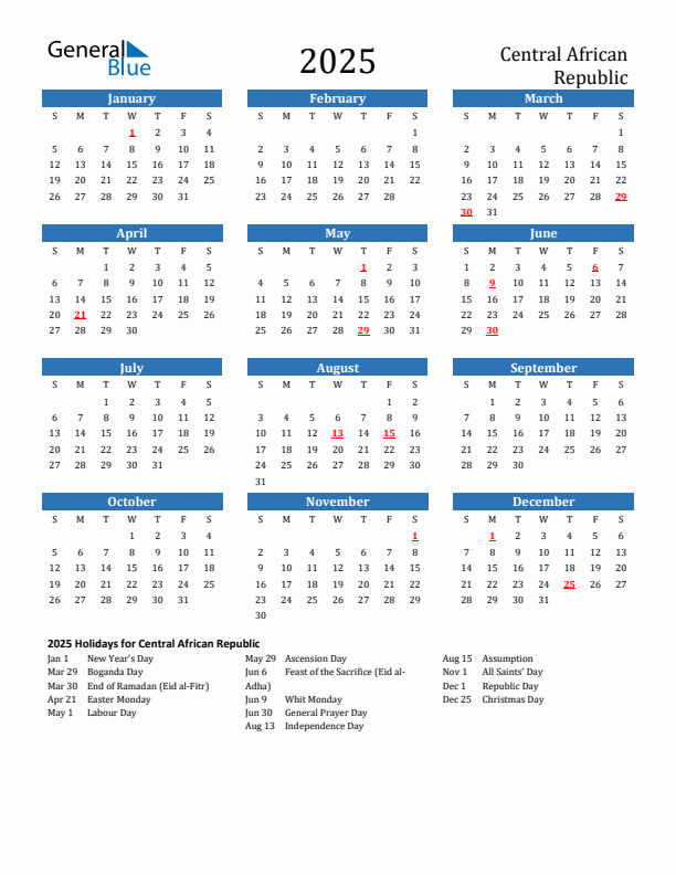 Central African Republic 2025 Calendar with Holidays