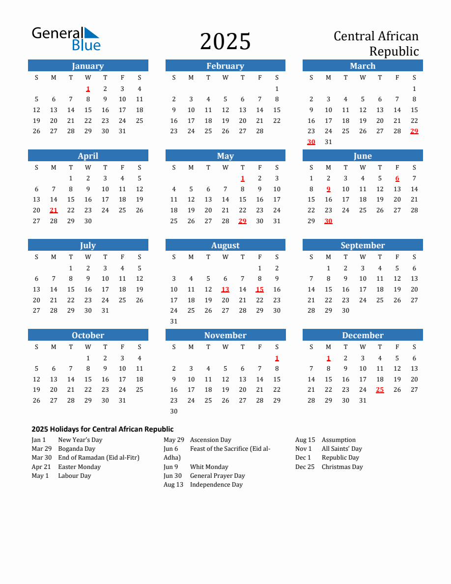 Central African Republic 2025 Calendar with Holidays