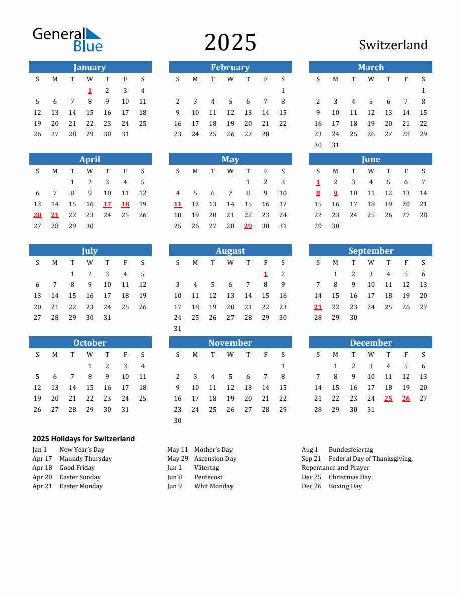 Switzerland 2025 Calendar with Holidays