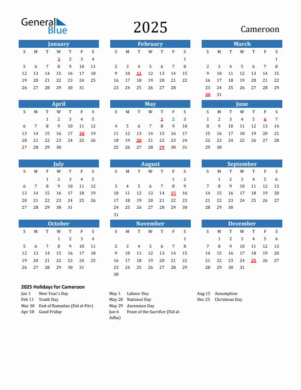 Cameroon 2025 Calendar with Holidays