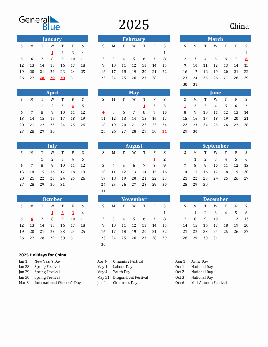 China 2025 Calendar with Holidays