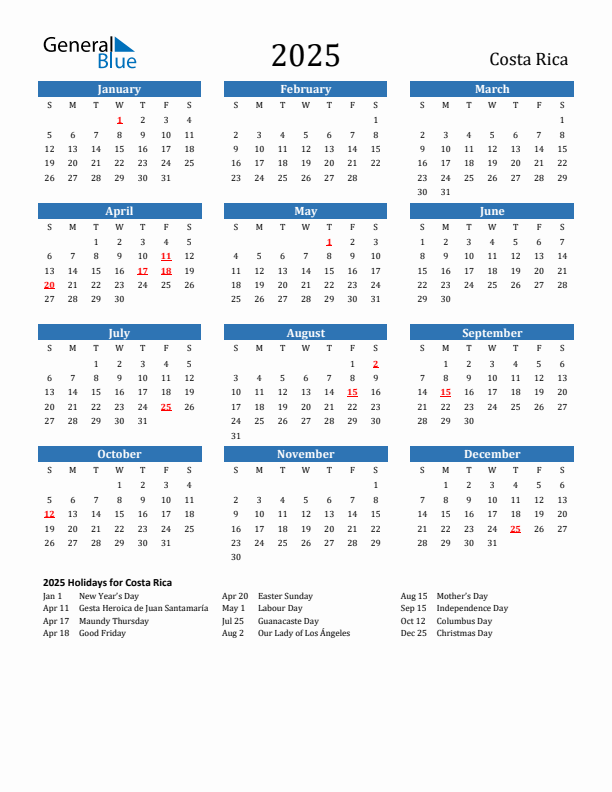Costa Rica 2025 Calendar with Holidays