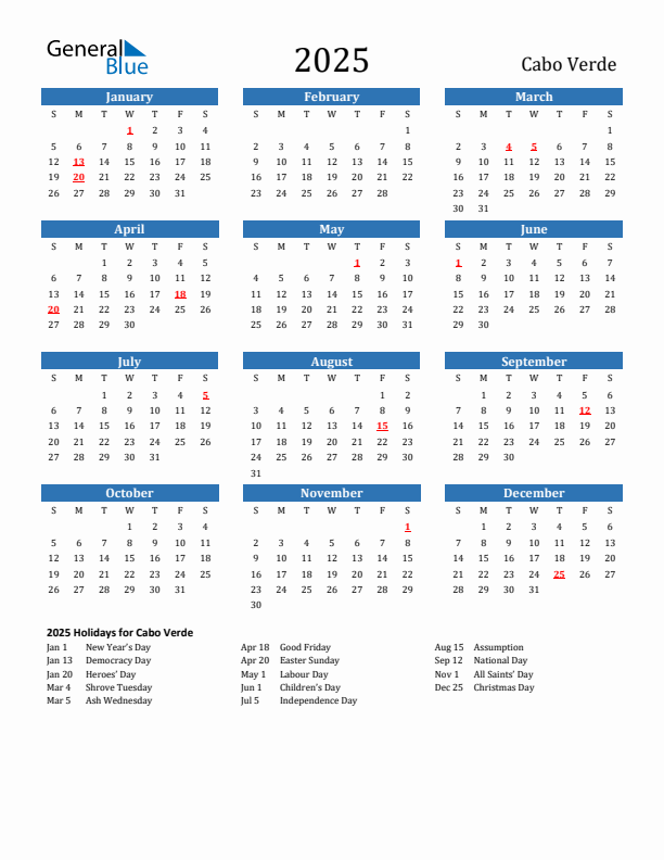 Cabo Verde 2025 Calendar with Holidays