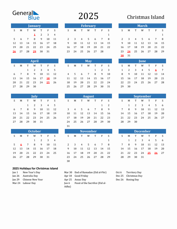 Christmas Island 2025 Calendar with Holidays