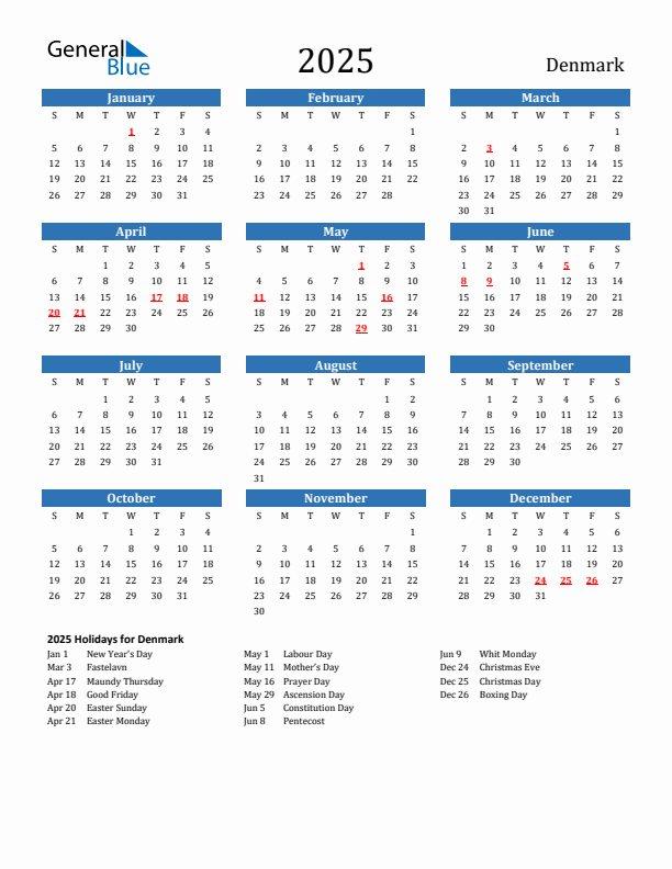 Denmark 2025 Calendar with Holidays