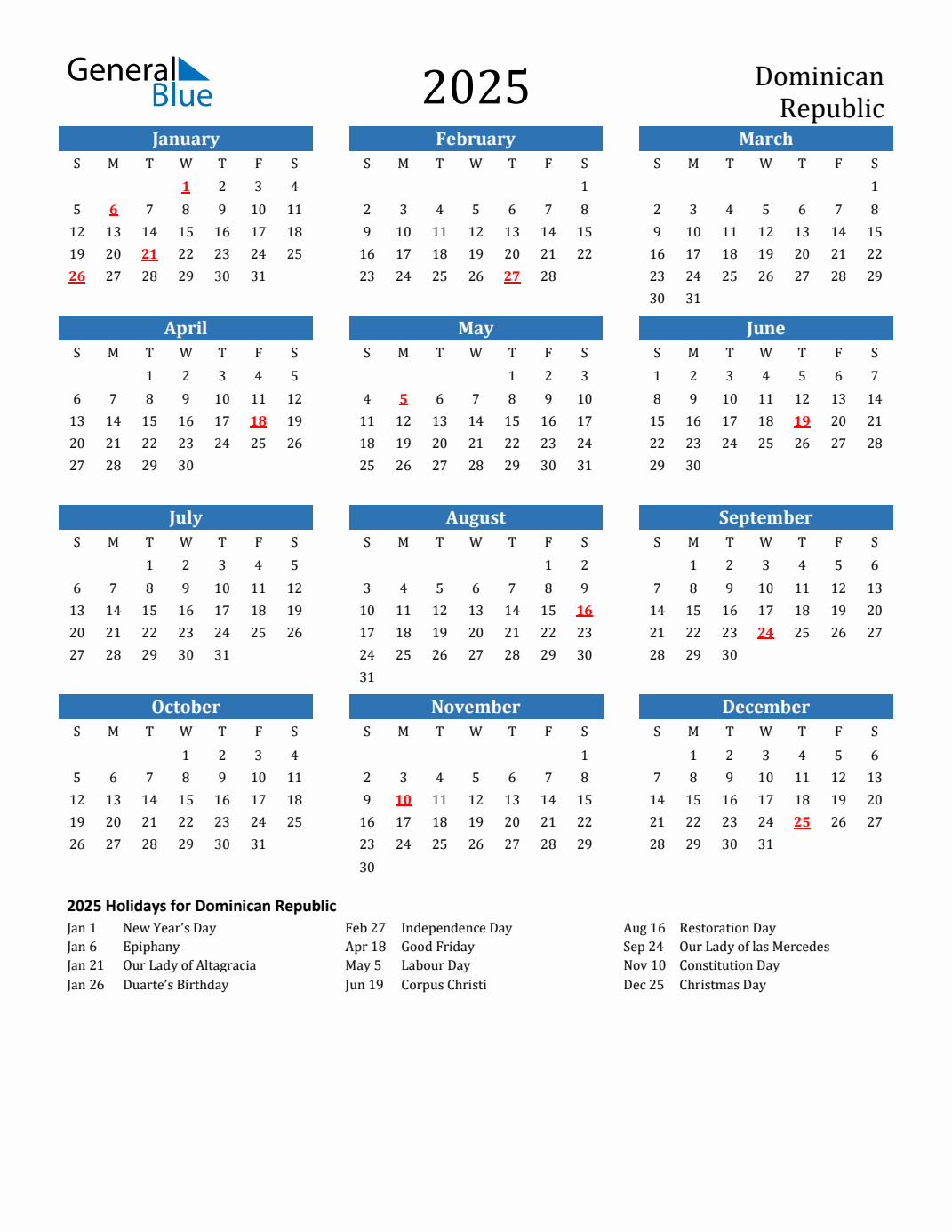 2025 Dominican Republic Calendar with Holidays