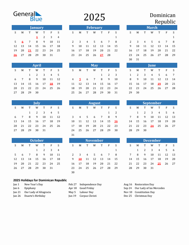 Dominican Republic 2025 Calendar with Holidays