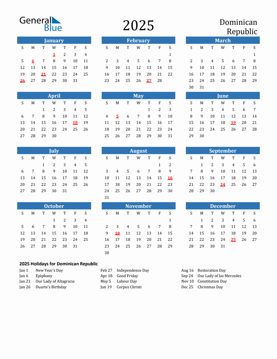 Dominican Republic 2025 Calendar with Holidays