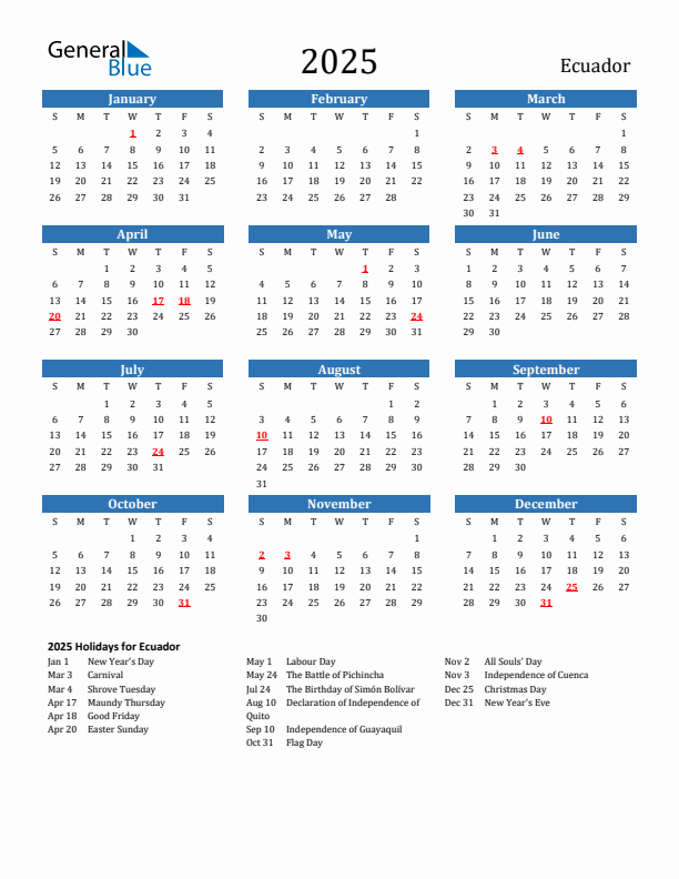 Ecuador 2025 Calendar with Holidays
