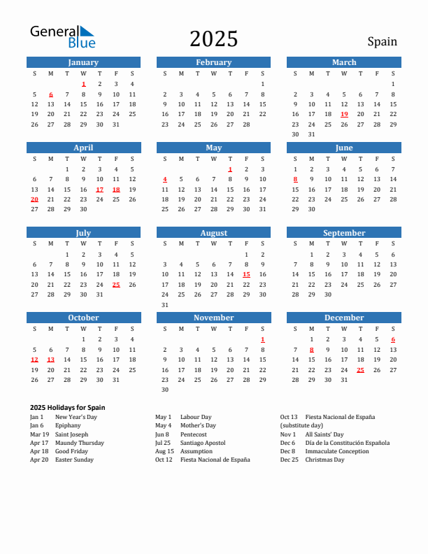 Spain 2025 Calendar with Holidays