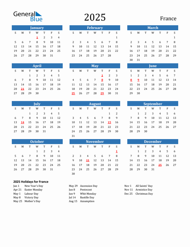 France 2025 Calendar with Holidays