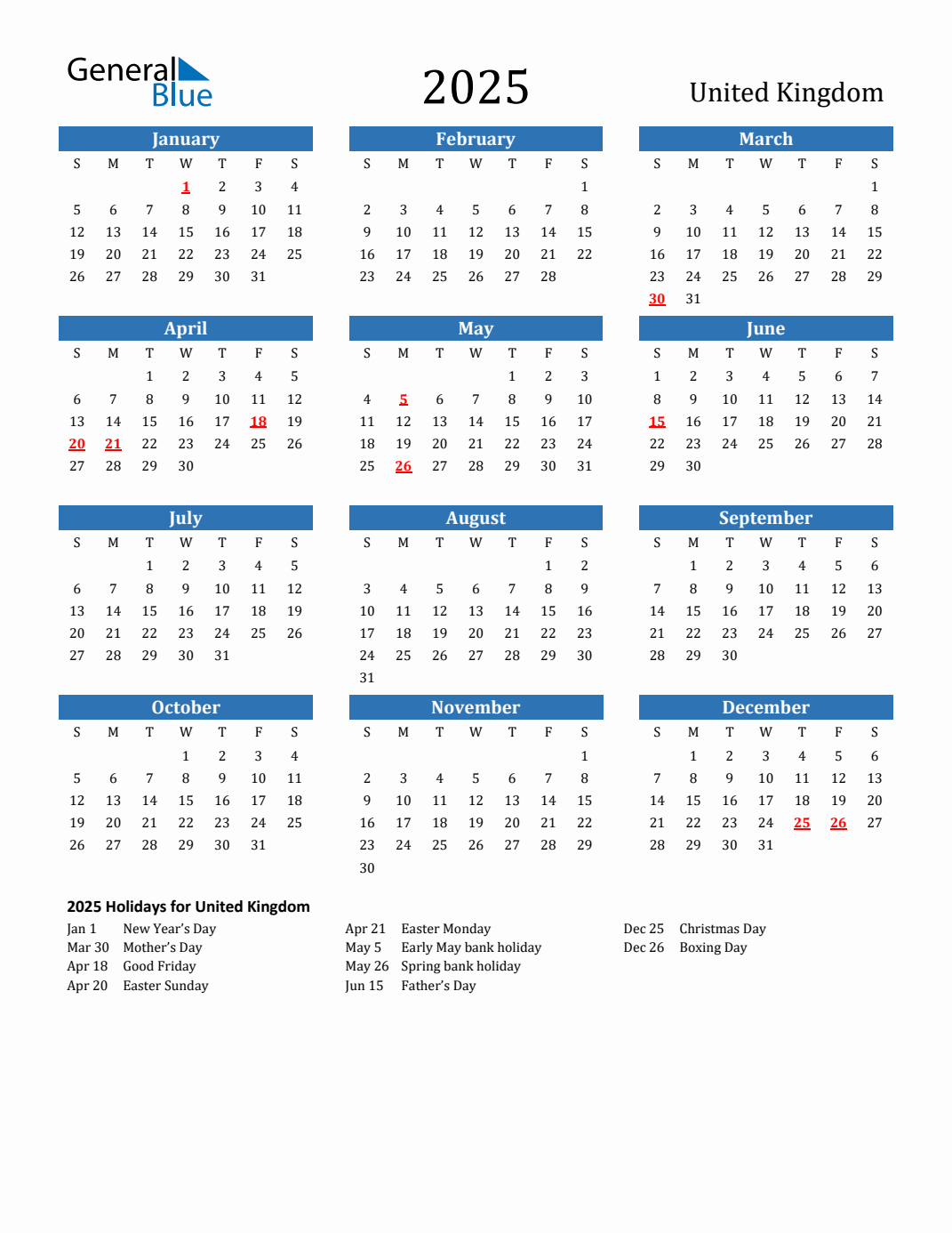 2025 Calendar Uk With Bank Holidays