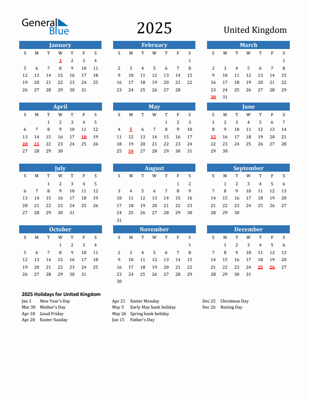 United Kingdom 2025 Calendar with Holidays