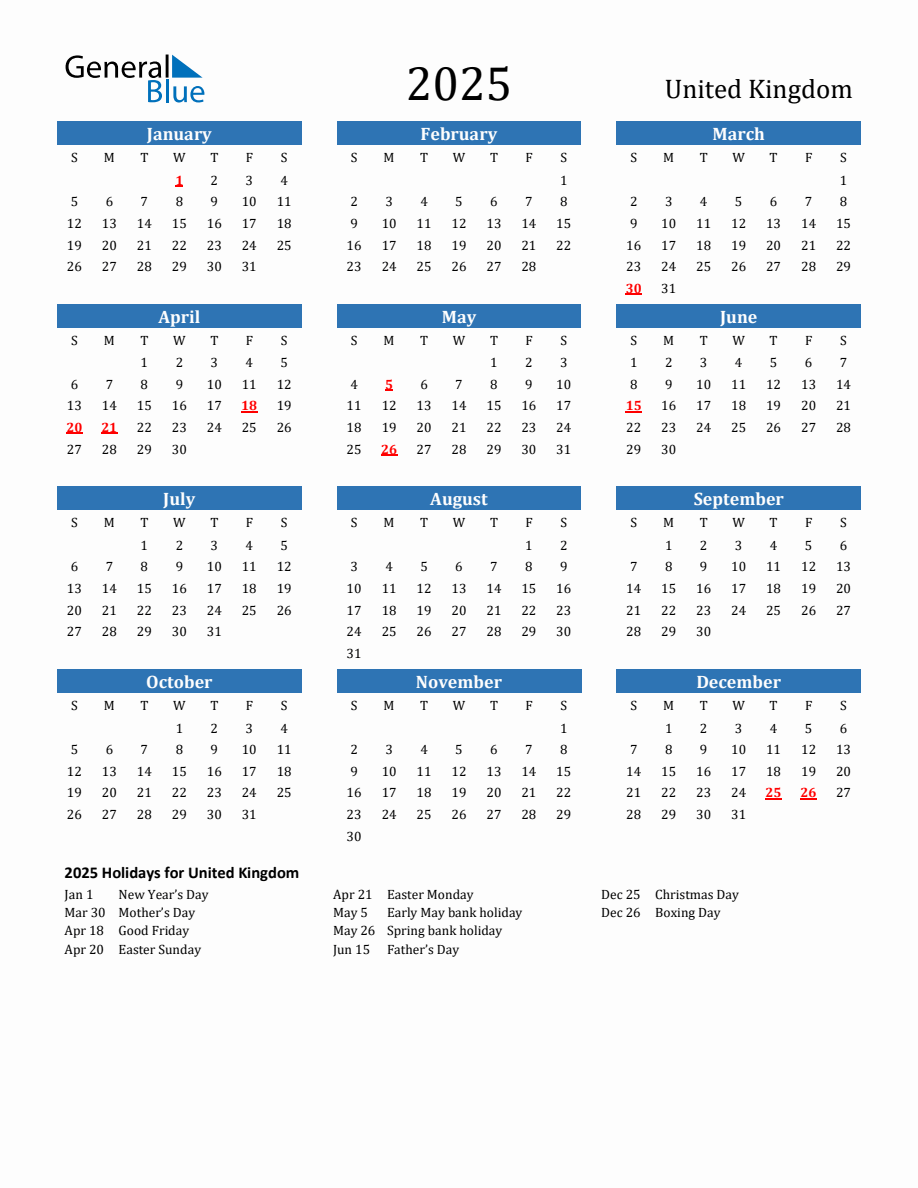 United Kingdom 2025 Calendar with Holidays