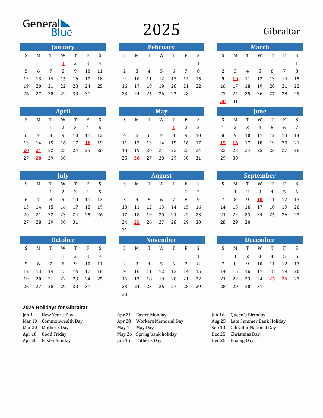 2025 Gibraltar Calendar with Holidays