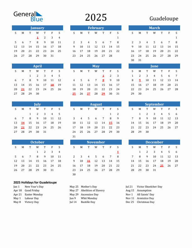 Guadeloupe 2025 Calendar with Holidays