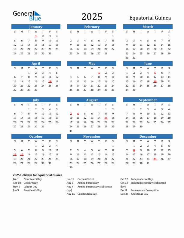 Equatorial Guinea 2025 Calendar with Holidays