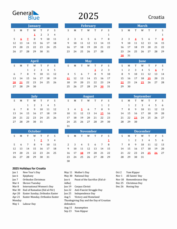 Croatia 2025 Calendar with Holidays