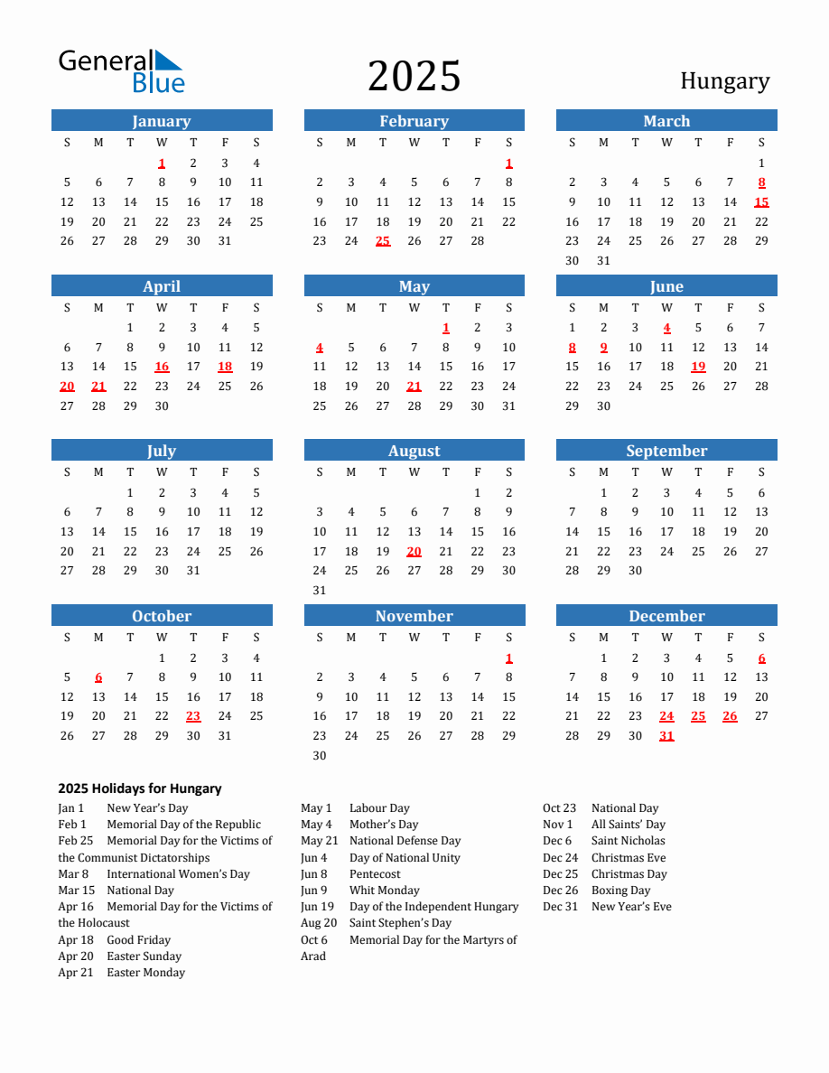 Hungary 2025 Calendar with Holidays