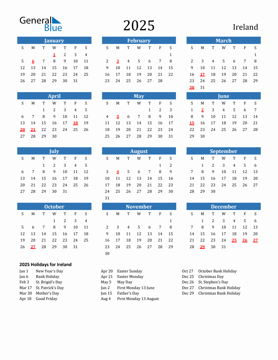 Ireland 2025 Calendar with Holidays