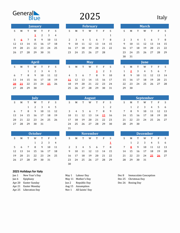 Italy 2025 Calendar with Holidays