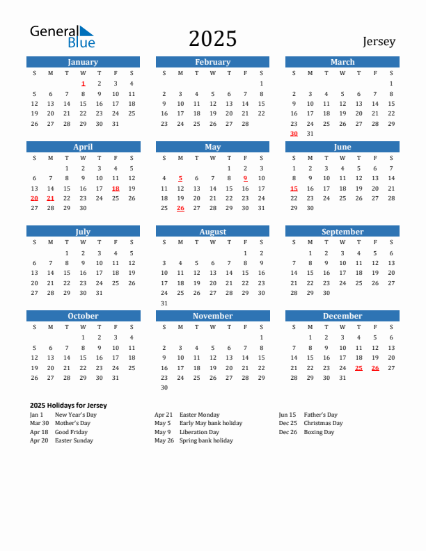 Jersey 2025 Calendar with Holidays