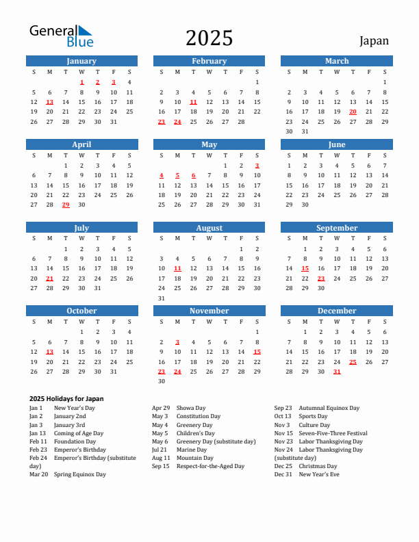 Japan 2025 Calendar with Holidays
