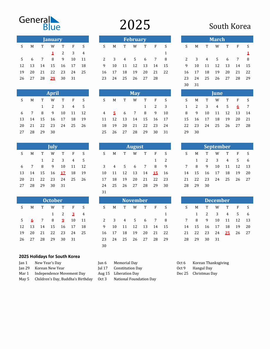 South Korea 2025 Calendar with Holidays