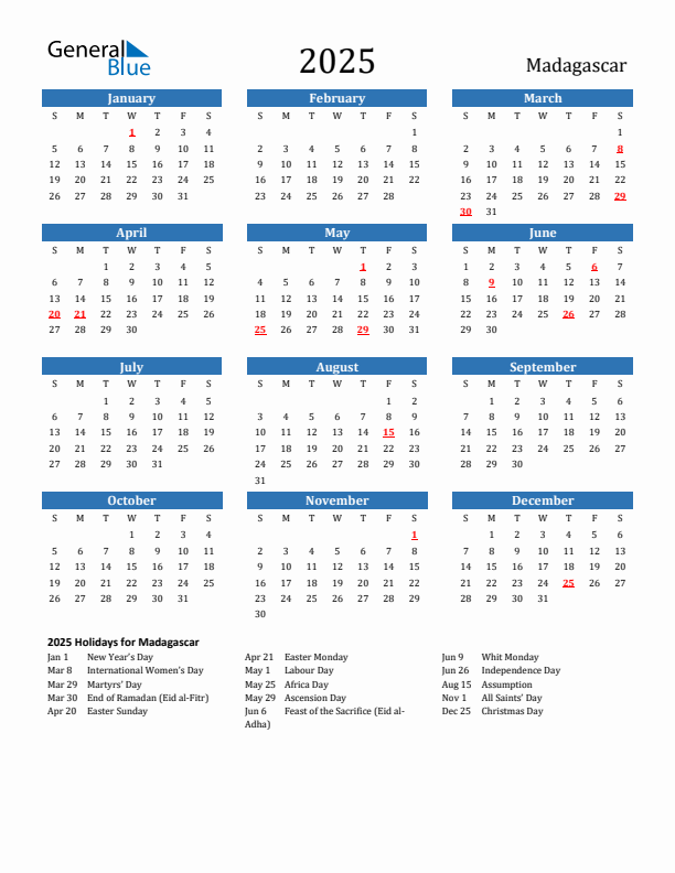 Madagascar 2025 Calendar with Holidays