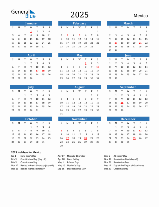 2025 Mexico Calendar With Holidays