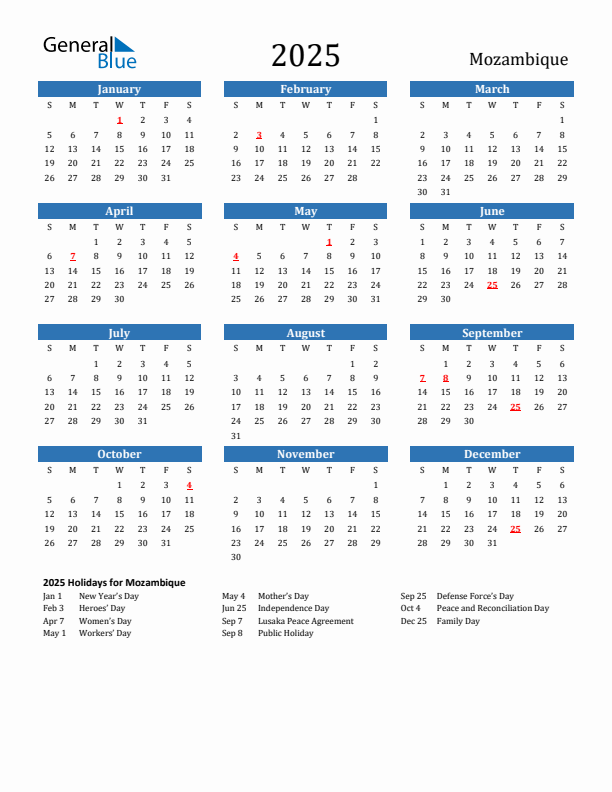 Mozambique 2025 Calendar with Holidays