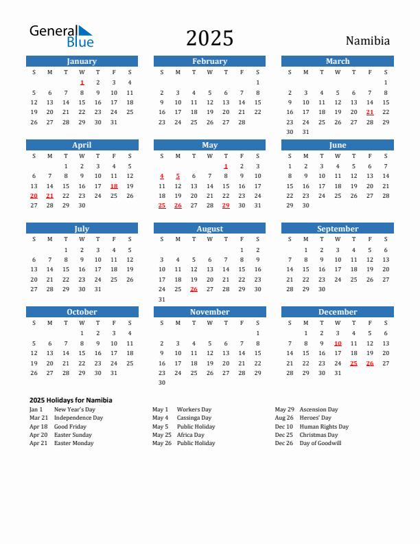 Namibia 2025 Calendar with Holidays