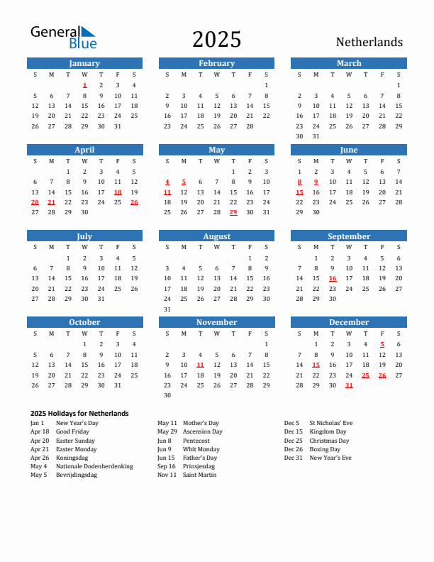 The Netherlands 2025 Calendar with Holidays