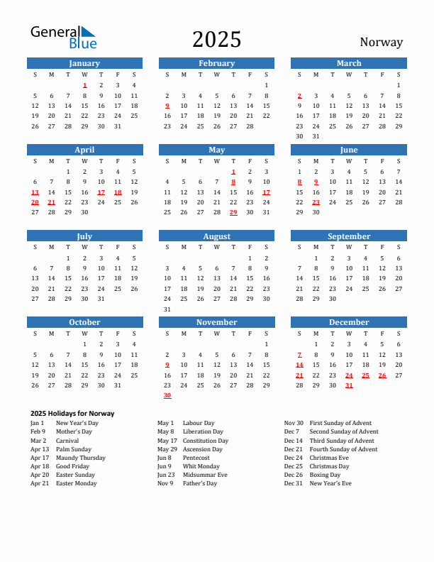 Norway 2025 Calendar with Holidays